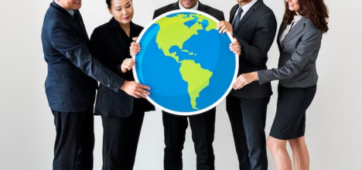 Business people standing and holding earth icon