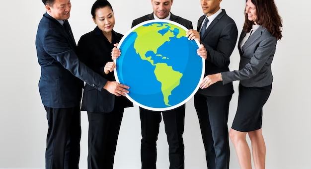 Business people standing and holding earth icon