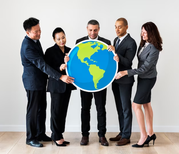 Business people standing and holding earth icon