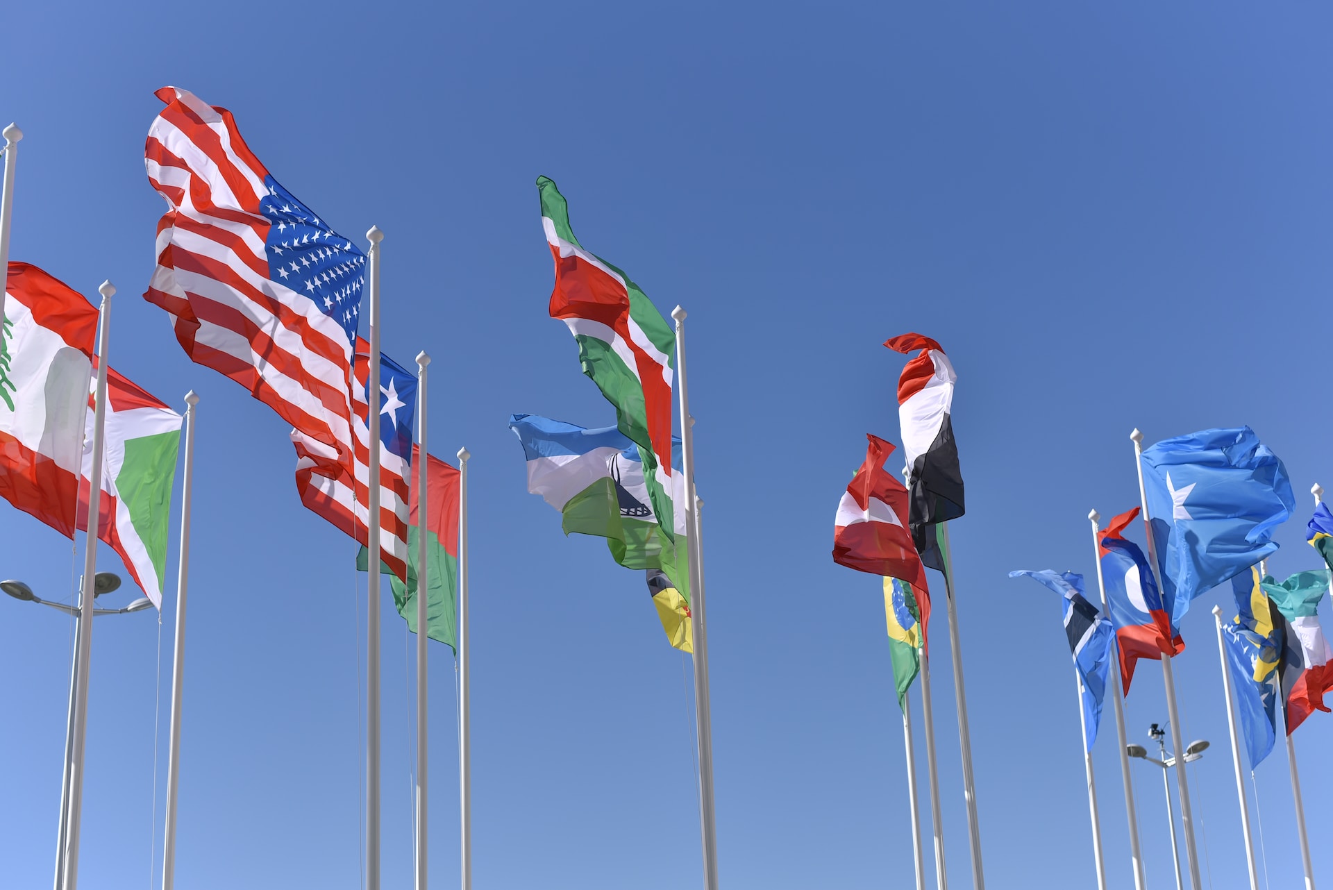 avenue of flags of different countries on flagpoles